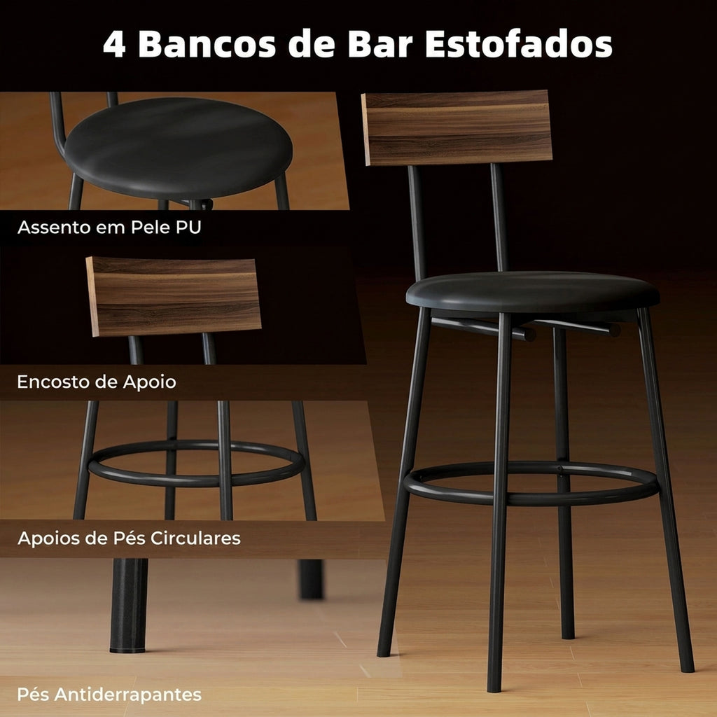 Conjunto de Mesa Alta de Bar com 4 Bancos, Assentos em PU com Encosto e Apoio para os Pés, Castanho — imagem 9