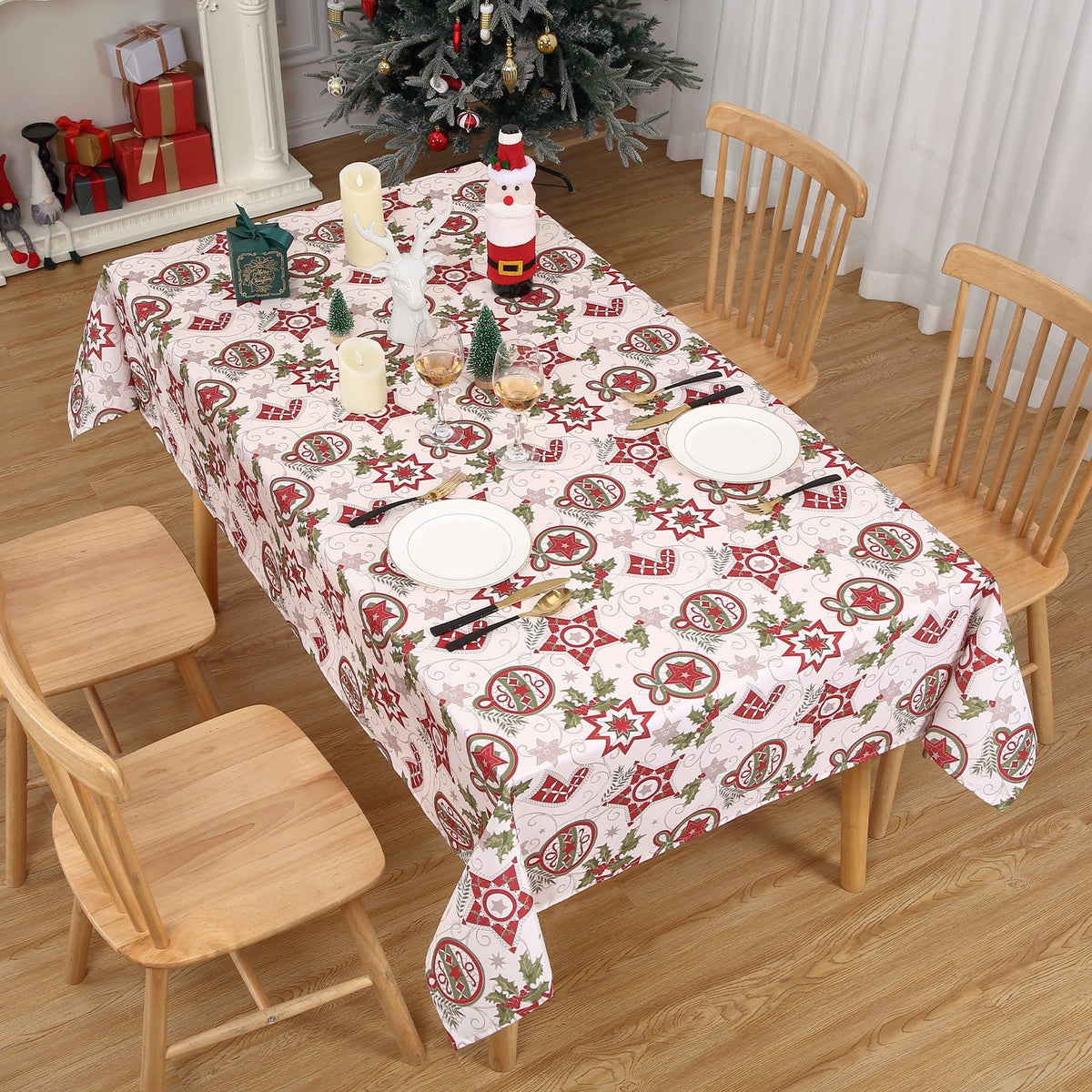 Toalha de mesa de Natal retangular lavável, resistente ao óleo, anti-rugas 132x229cm vermelha — foto 2