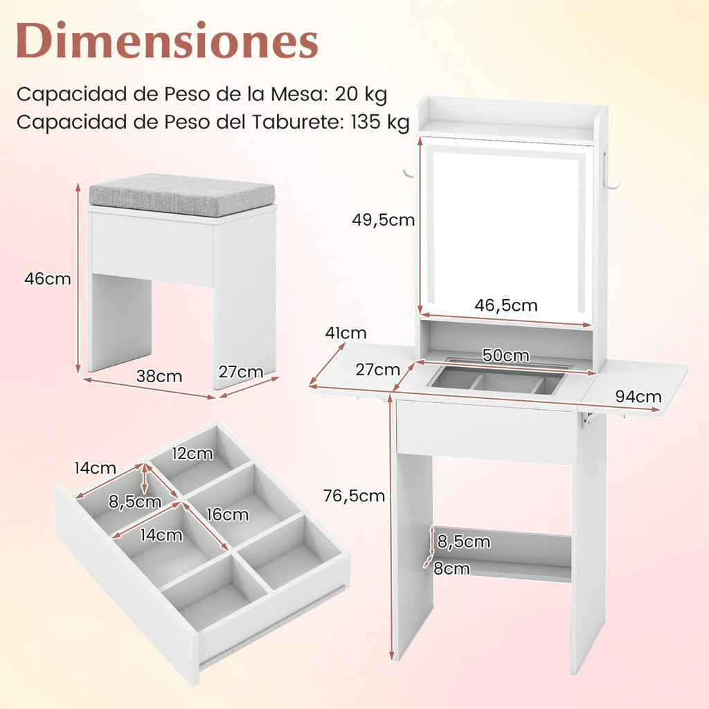 Toucador com Espelho e Luzes LED - Compacta com Tomadas Integradas e Painéis Dobráveis — foto 3