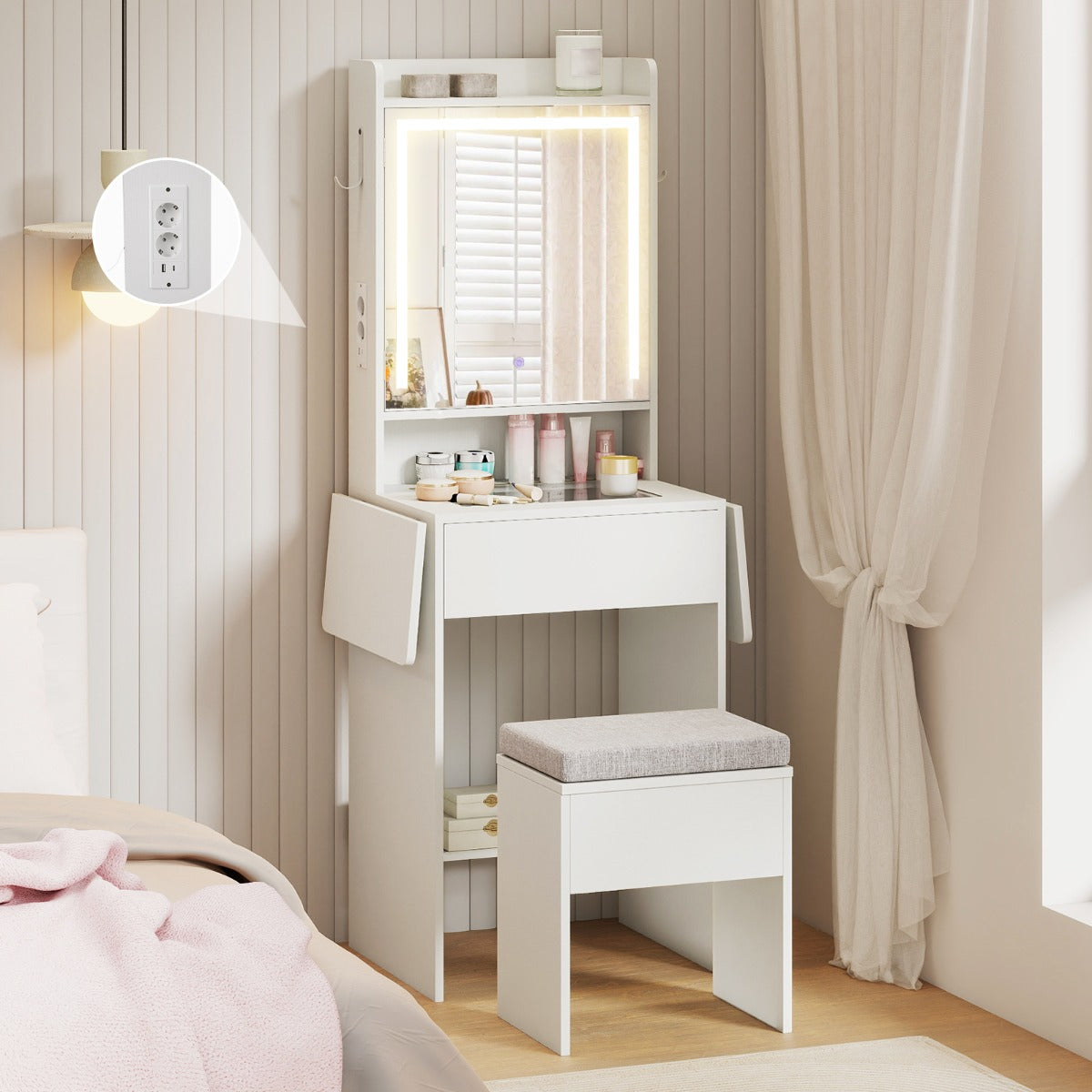Toucador com Espelho e Luzes LED - Compacta com Tomadas Integradas e Painéis Dobráveis — foto 4