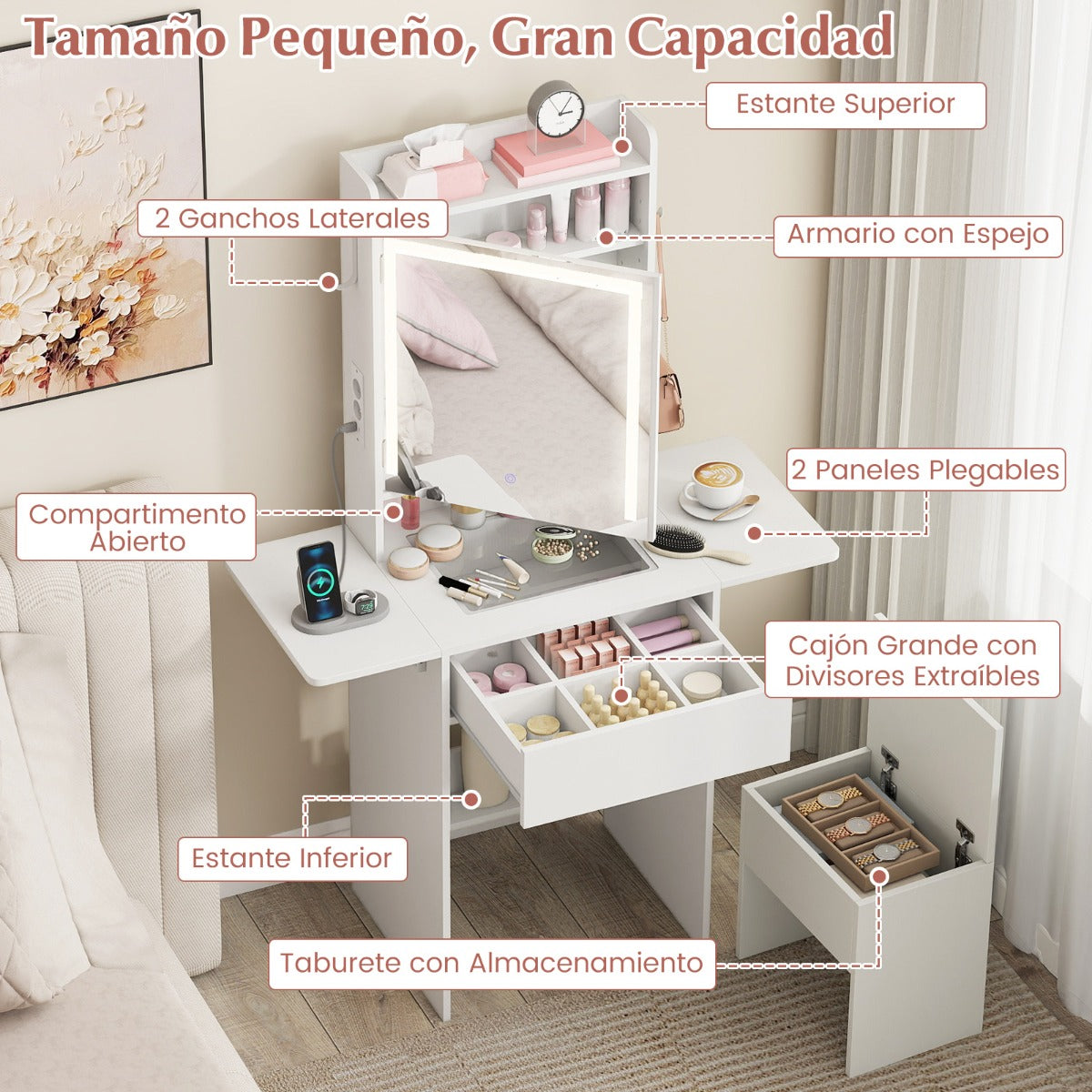 Toucador com Espelho e Luzes LED - Compacta com Tomadas Integradas e Painéis Dobráveis — foto 5