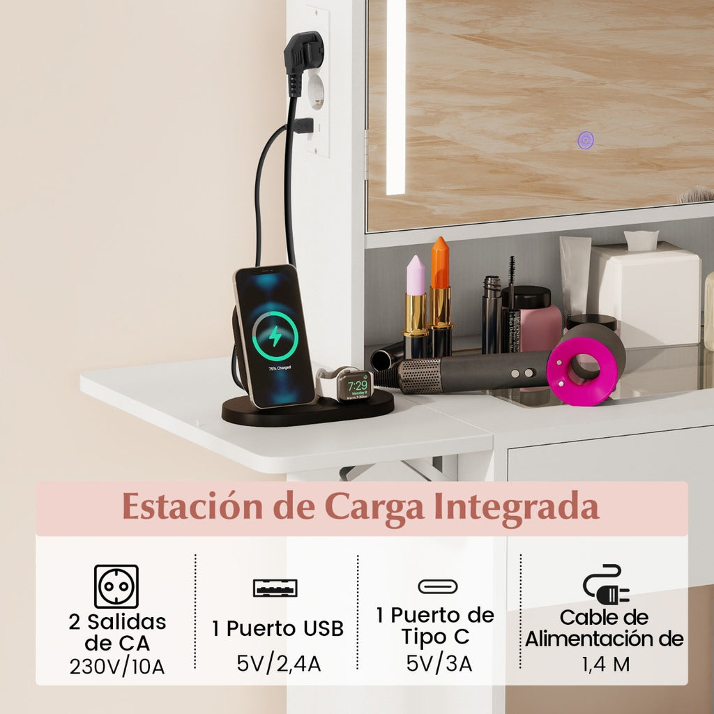 Toucador com Espelho e Luzes LED - Compacta com Tomadas Integradas e Painéis Dobráveis — foto 8