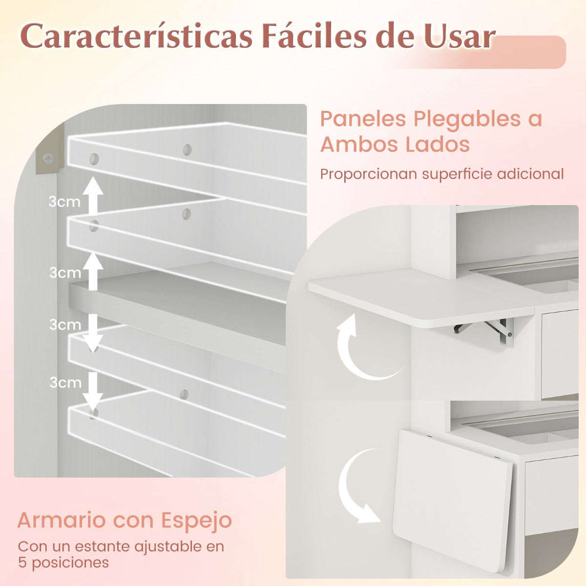 Toucador com Espelho e Luzes LED - Compacta com Tomadas Integradas e Painéis Dobráveis — foto 9