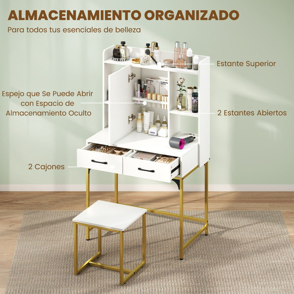 Toucador com Espelho Rectangular, Taburete e Estação de Carga Branca — foto 5