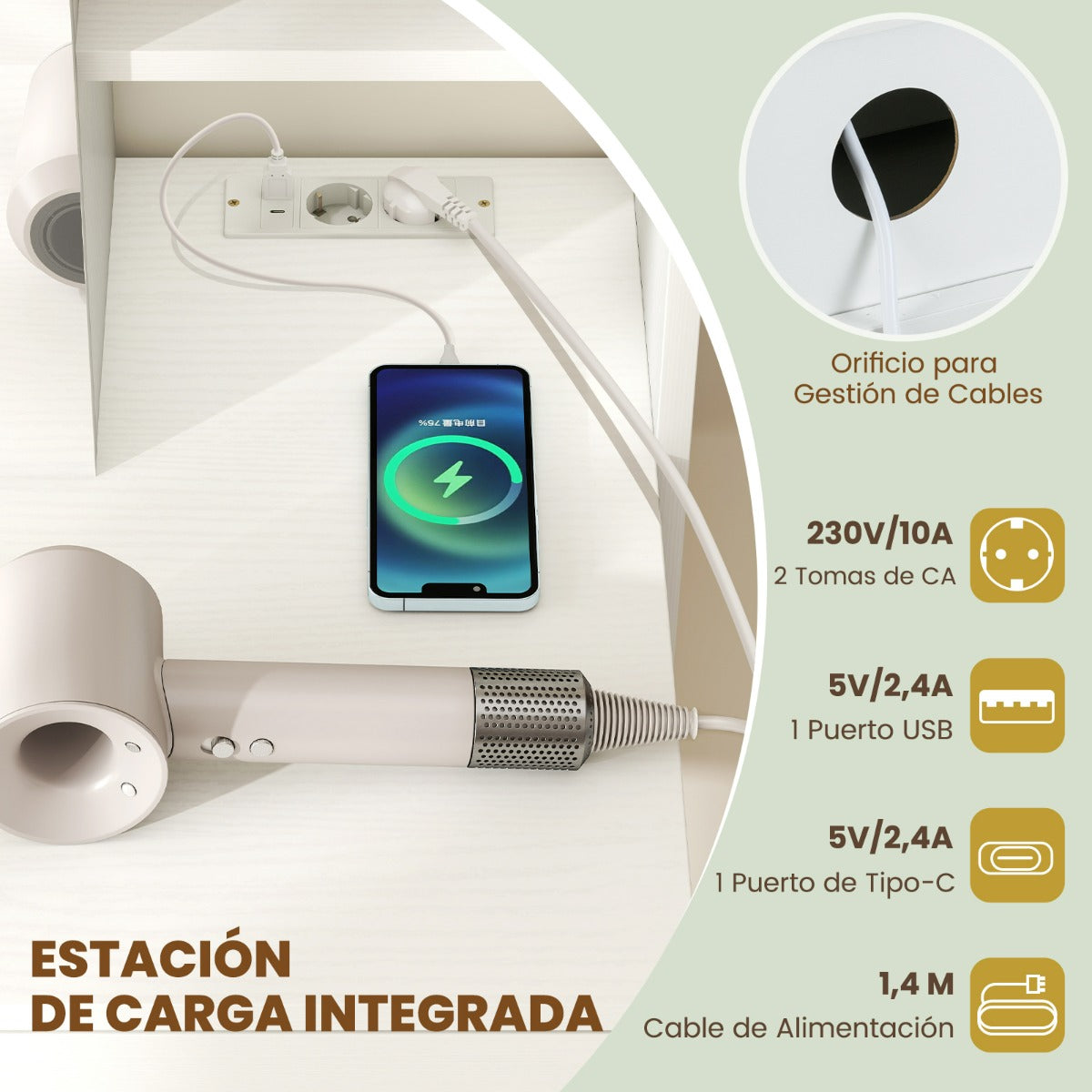 Toucador com Espelho Rectangular, Taburete e Estação de Carga Branca — foto 7