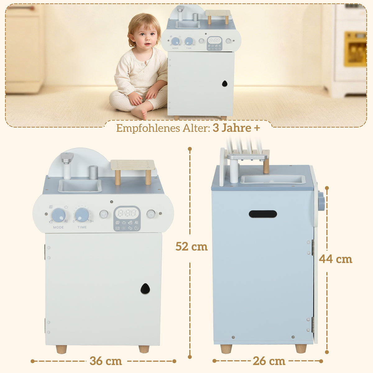 Conjunto de Cozinha com Pia, Máquina de Lavar Louça de Madeira para Crianças, 32 Peças de Acessórios, MDF, para Crianças a partir de 3 anos, Azul Claro — foto 2