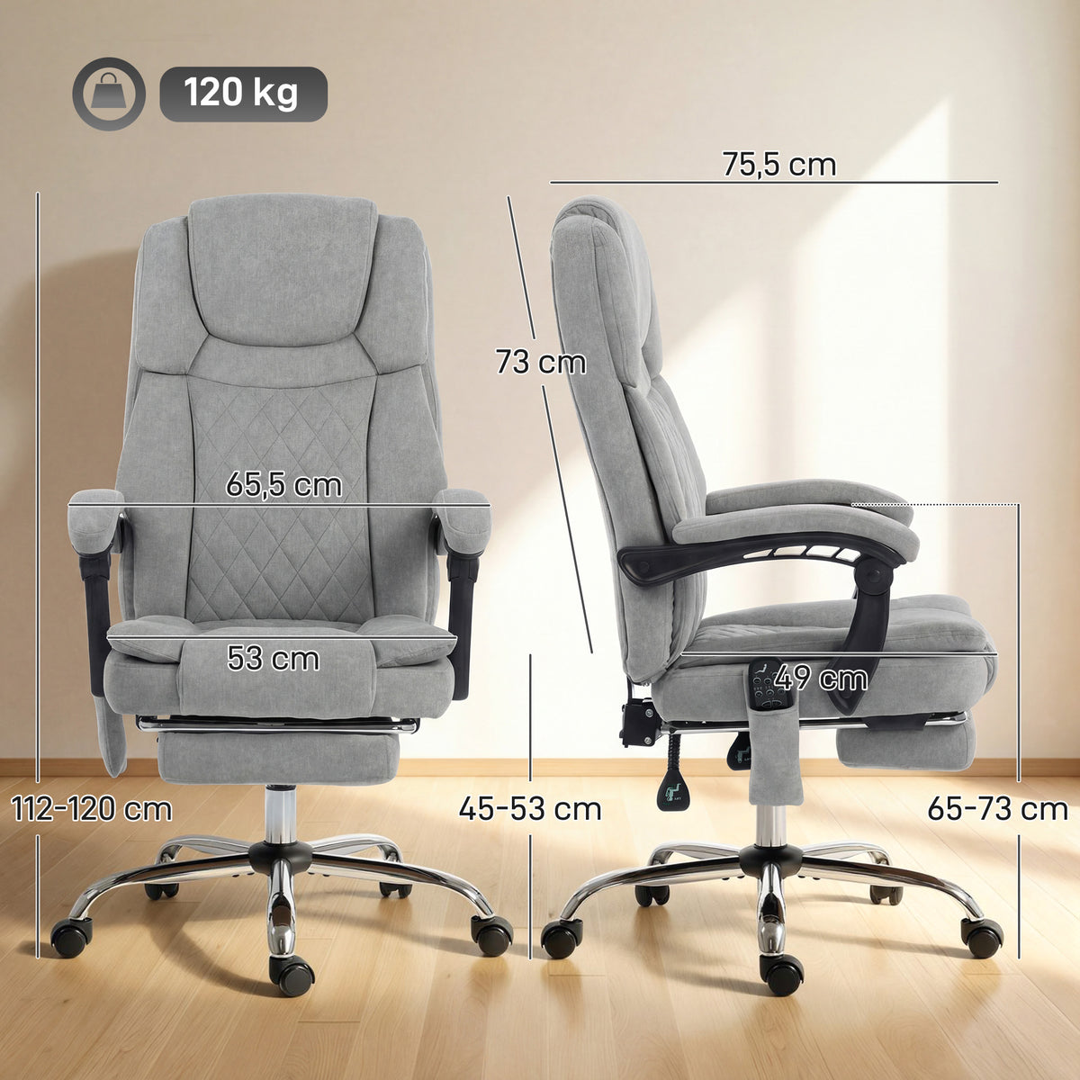 Cadeira de Escritório Massajadora Vibratória e Aquecida, Cadeira de Escritório Ergonômica em Veludo Estampado, Encosto Reclinável, Cinza — foto 2