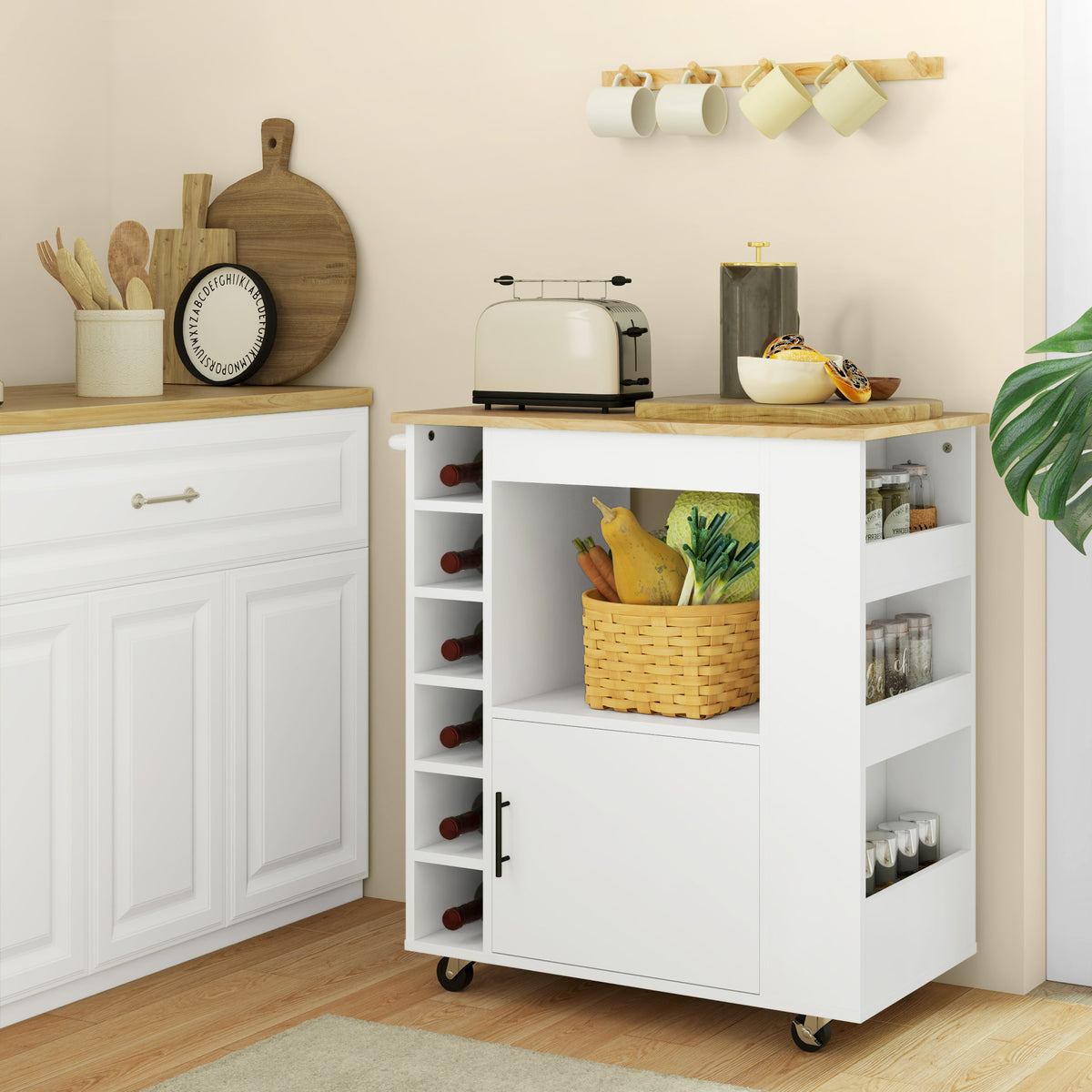 Carrinho de cozinha, ilha de cozinha móvel, carrinho de cozinha com compartimentos, adegas para vinhos, armário e superfície de trabalho, Branco — imagem 3