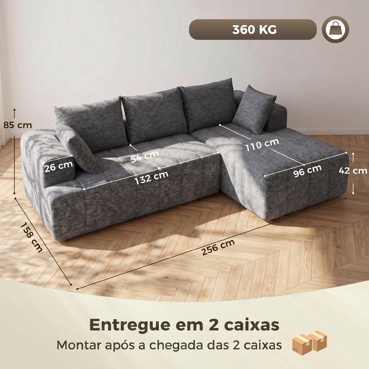 Sofá de 3 Lugares em L com Otomano Sofá-cama Nuvem de Chenille Conversível com Estofamento de Molas Cinza — foto 2