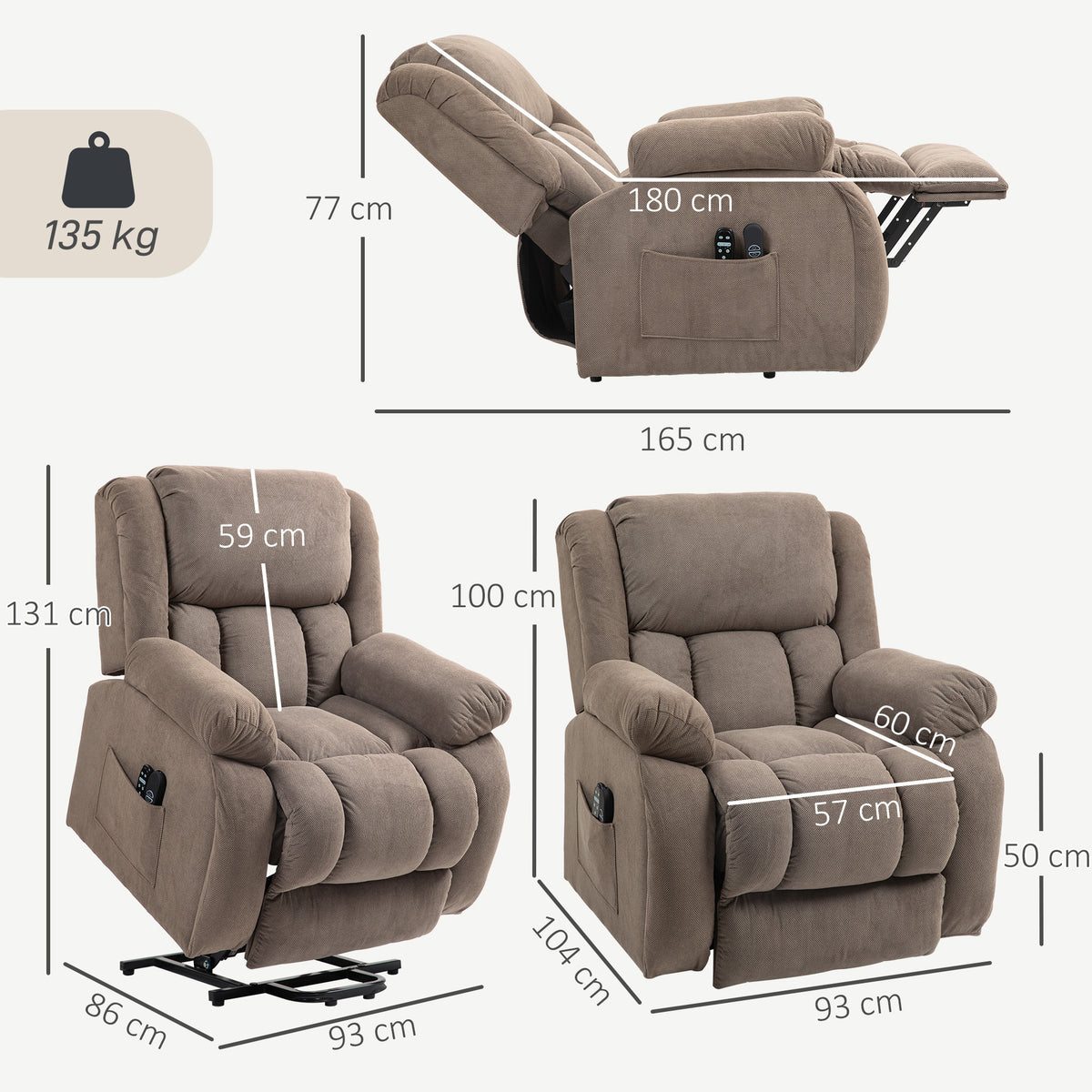Poltrona de TV com Função de Massagem e Aquecimento, Poltrona com Assistência de Elevação Elétrica, Comando, Bolsos Laterais, Castanho Claro — foto 2