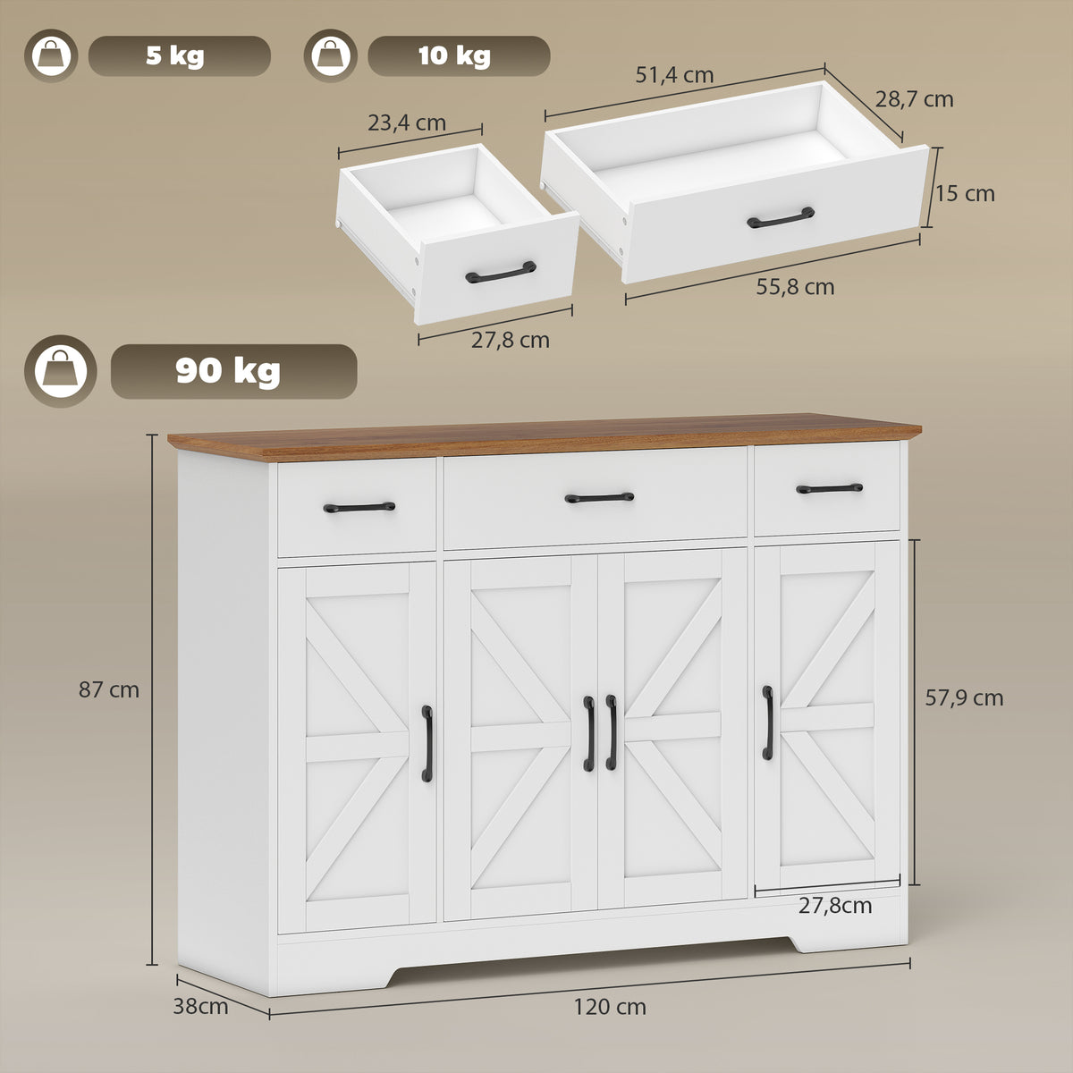 Aparador de Cozinha Rústico, Móvel de Cozinha com Portas Soft-Close, 3 Gavetas, 3 Prateleiras Ajustáveis, Porta-Temperos, Branco — foto 2
