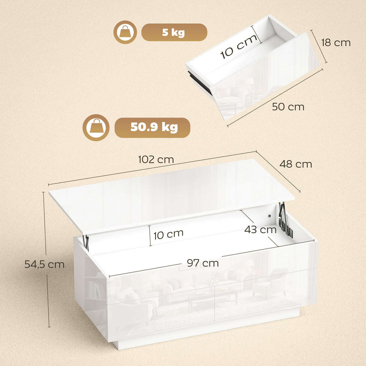 Mesa de Centro Elevável Mesa de Sala Moderna com Compartimento Oculto e 2 Gavetas Branco Alto Brilho — foto 2