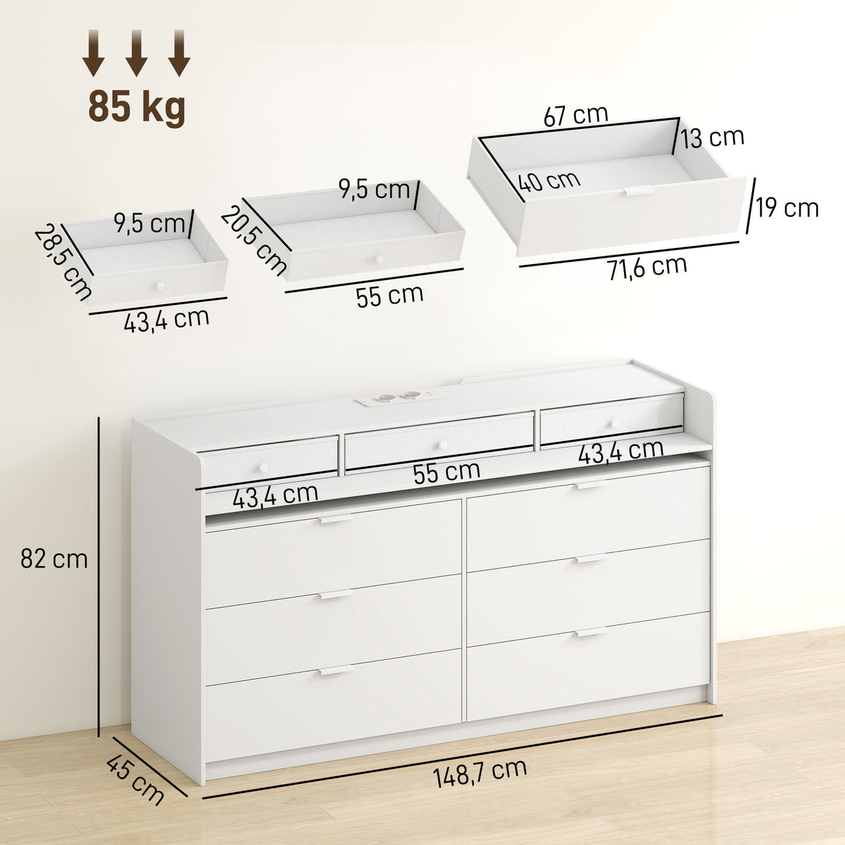 Cómoda com Luzes LED, Estação de Carregamento e 9 Gavetas, 148,7x45x82 cm, Branco — foto 2