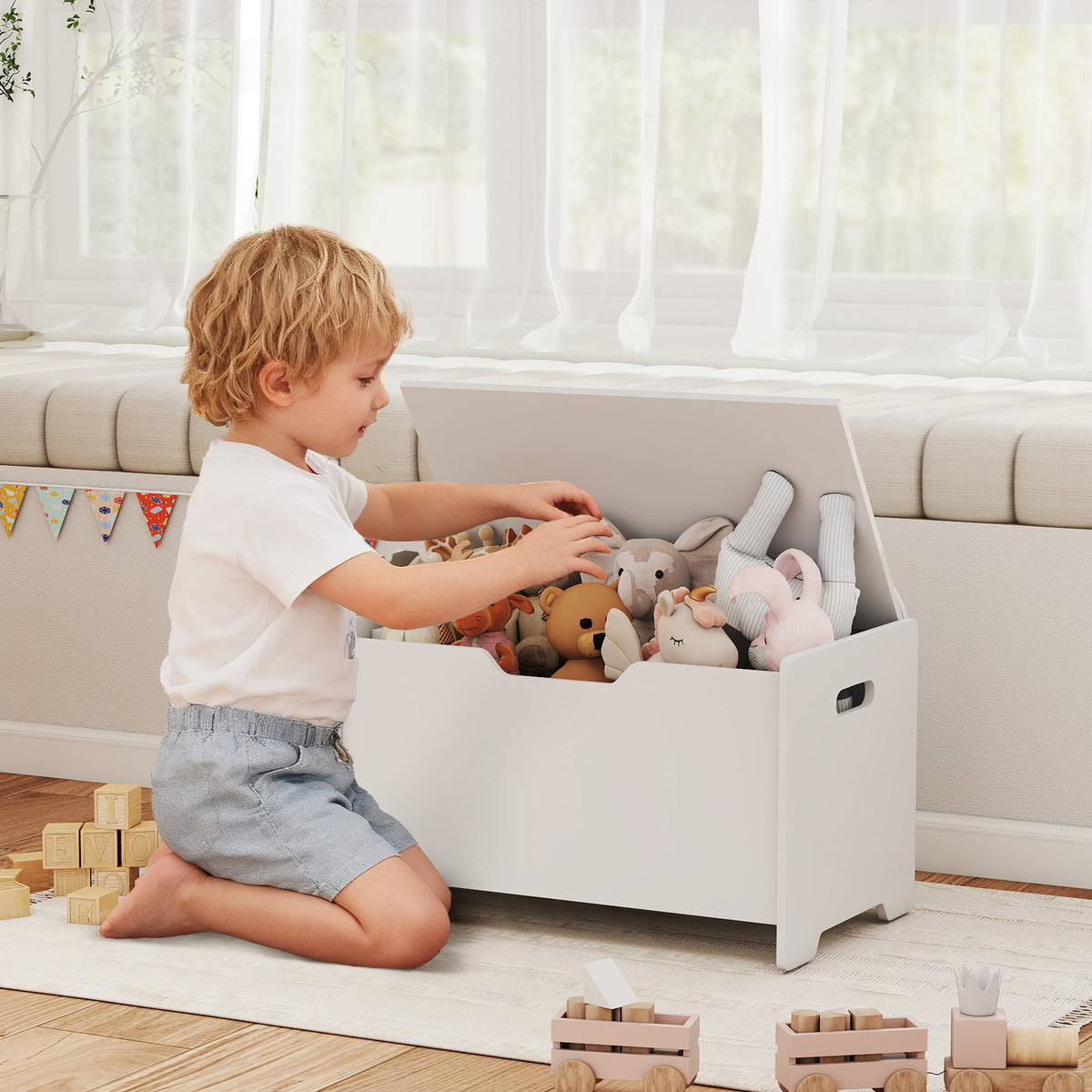 Baú de Brinquedos Infantil com Tampa Articulada Baú de Arrumação Infantil Forma de Urso 60x38x48 cm Branco — imagem 3