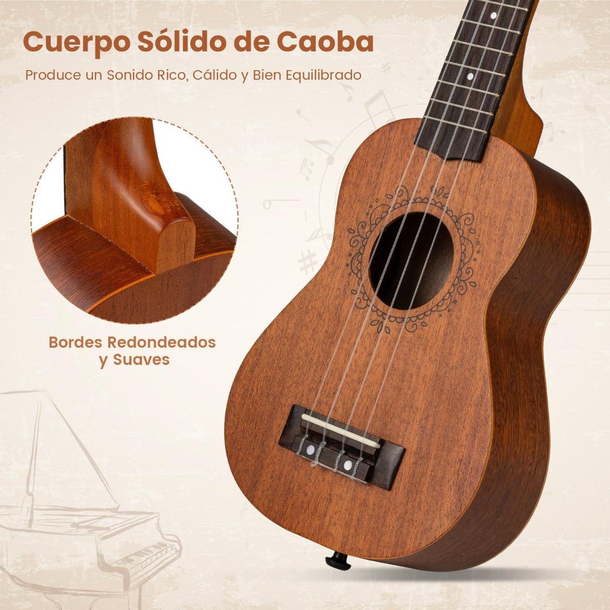 Ukelele Soprano 21 Polegadas Caoba para Adultos e Principiantes com Funda e Acessórios — foto 10