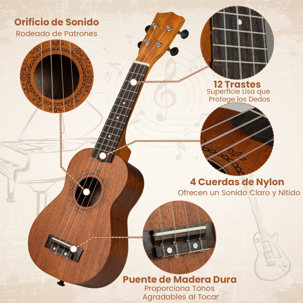 Ukelele Soprano 21 Polegadas Caoba para Adultos e Principiantes com Funda e Acessórios — foto 8