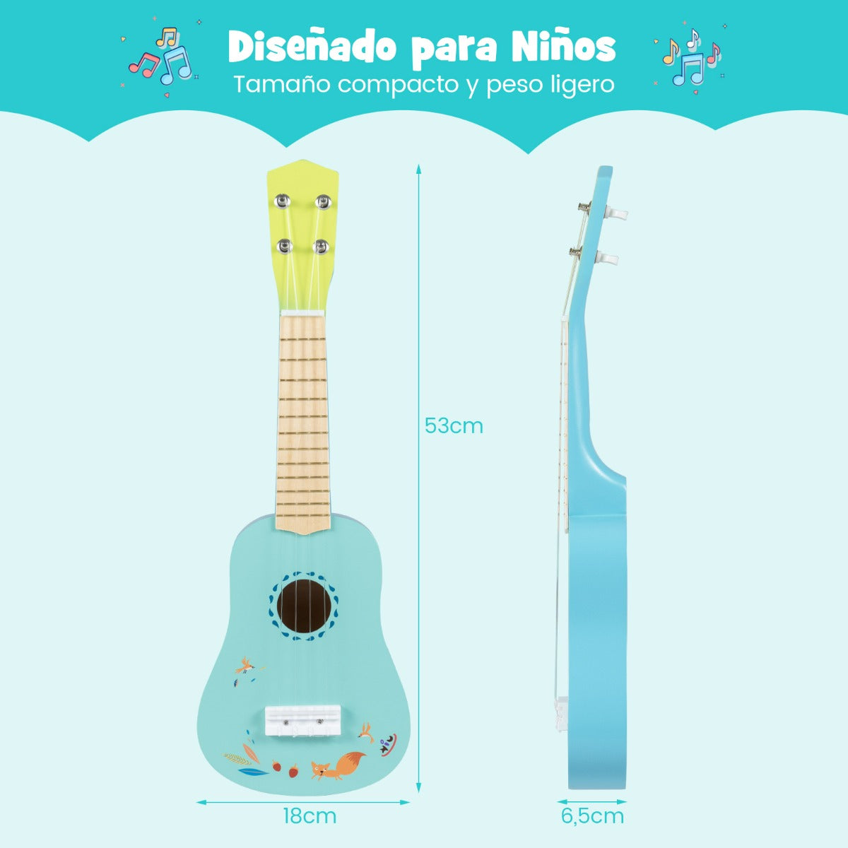 Ukulele 21 Polegadas para Crianças Guitarra Mini 4 Cordas Madeira Basswood Azul — foto 3