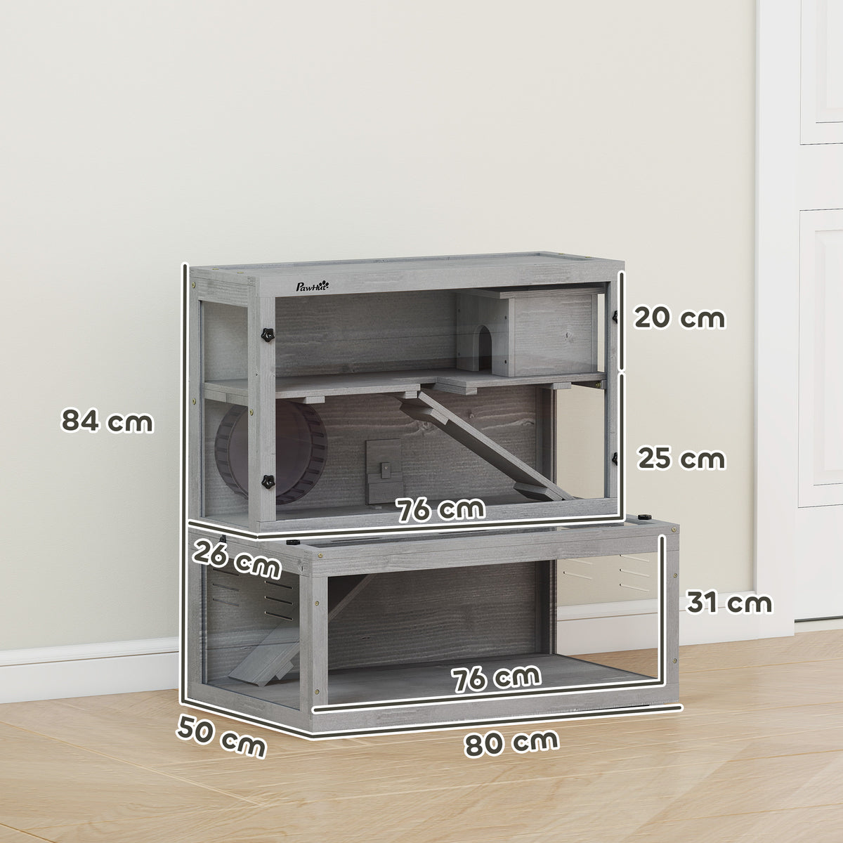 Gaiola para Hamster em Madeira 3 Níveis com Cabana Roda Rampas Painel Transparente Espaços Separados 80x50x84 cm Cinza — foto 2