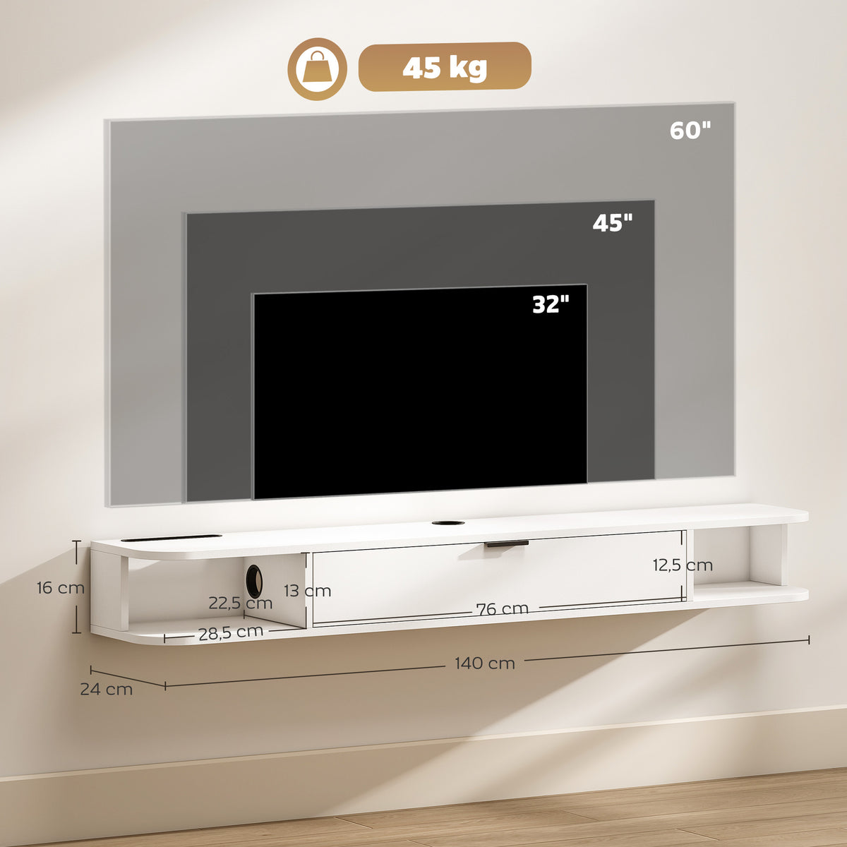 Móvel TV Suspenso Móvel para Televisor até 60 Polegadas Gaveta Rebatível 2 Prateleiras 140x24x16 cm Branco — foto 2