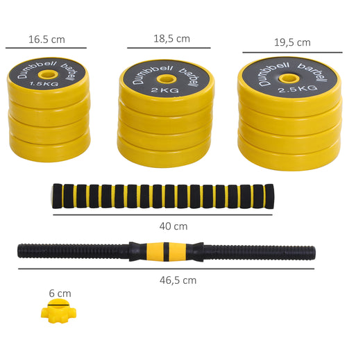 25 kg Haltere & Barra, Conjunto ergonômico ajustável 3-em-1, 12 × discos, 2 × eixos curtos, 1 × eixo longo, Amarelo+Preto — foto 2