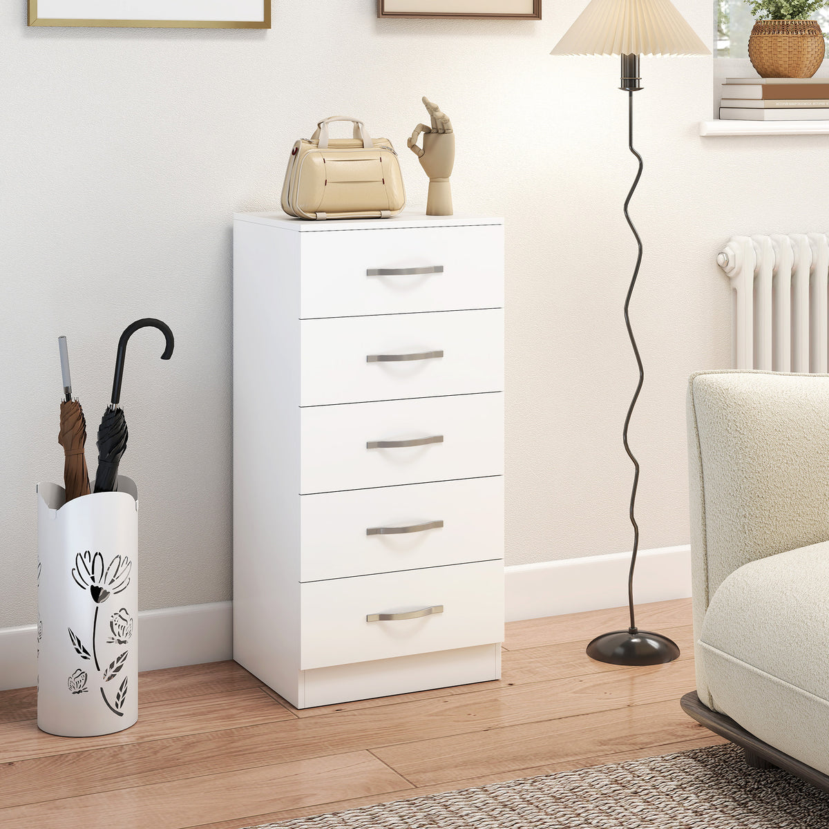 Cômoda com 5 Gavetas, Armário de gavetas para Roupas e Utensílios, Aglomerado de partículas, Branco — imagem 3