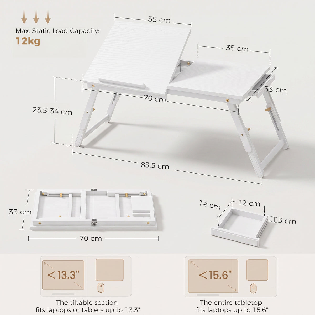 Mesa de Computador Dobrável e Ajustável Tampo para Computador Portátil em Bambu Tampo Inclinável 83,5x33x34 cm Branco — foto 2