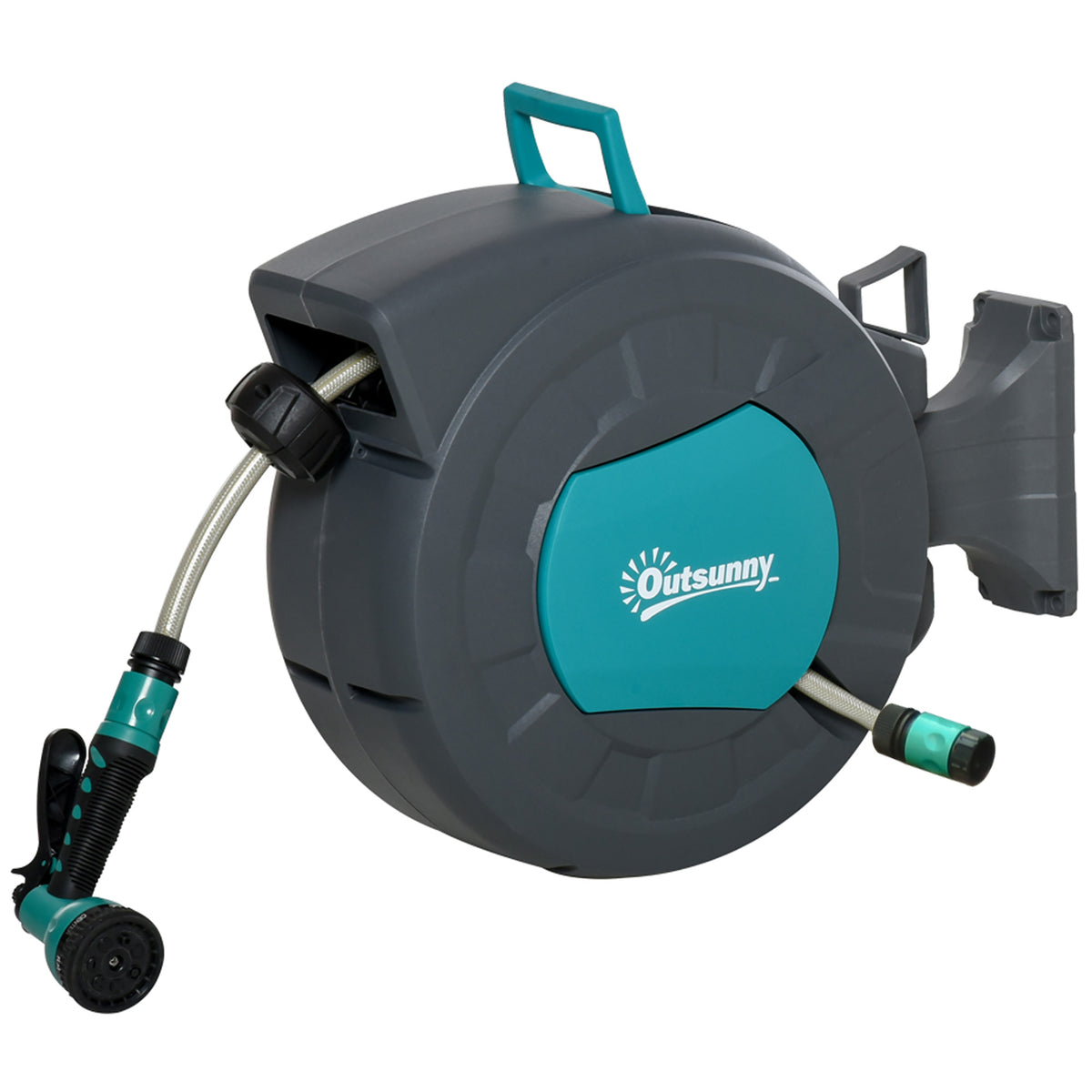 Enrolador de Parede 180° com Recolha Automática 15 m + 1,4 m Lança de Rega Incluída Cinza Escuro e Verde — foto 1