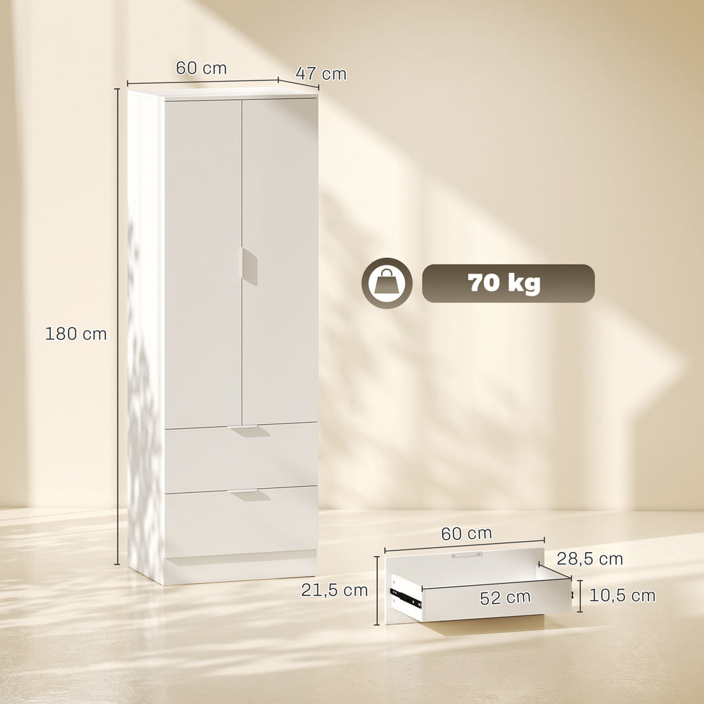 Roupeiro para Quarto com 2 Gavetas 2 Portas com Fecho Suave e Barra de Suspensão 60x47x180 cm Branco — foto 2