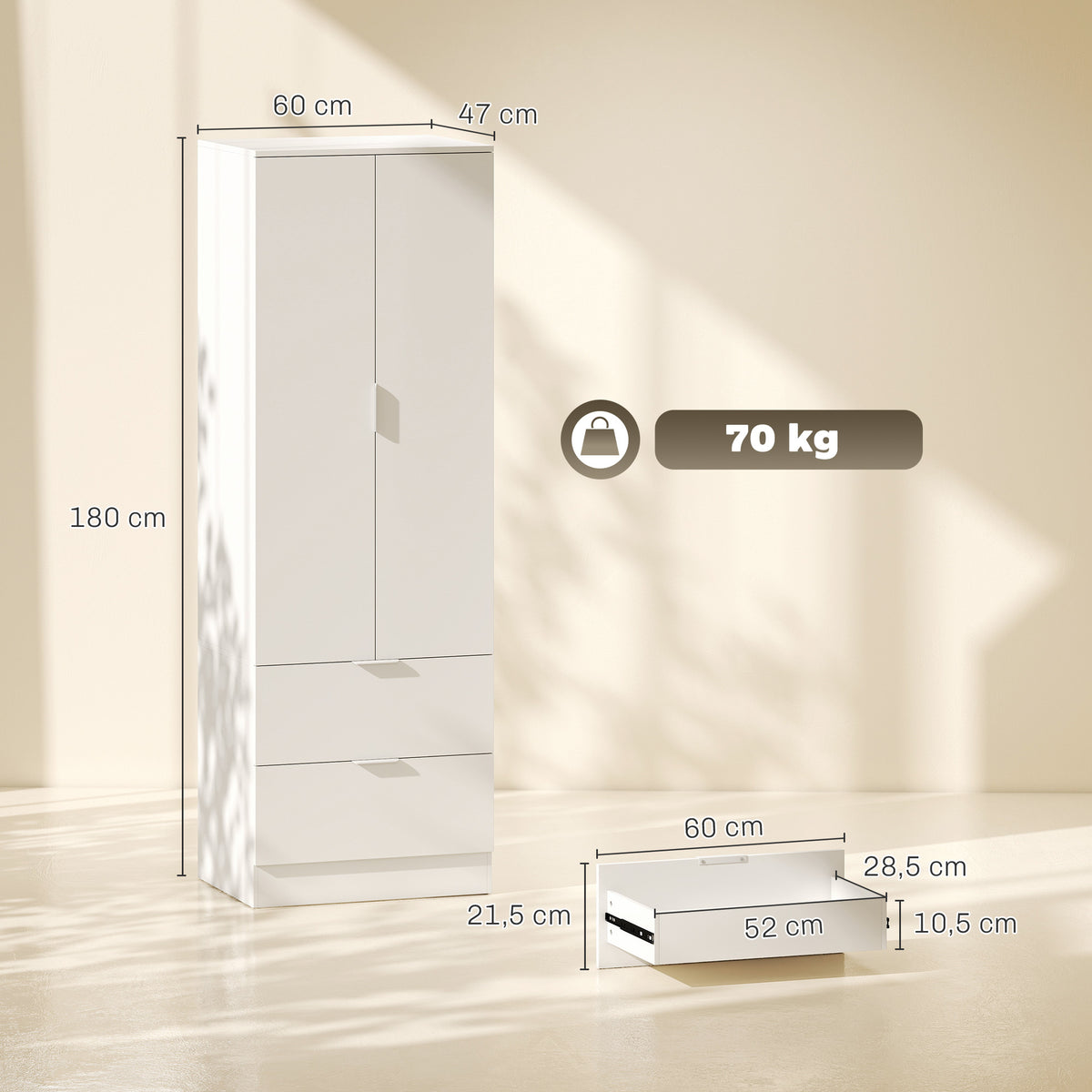 Roupeiro para Quarto com 2 Gavetas 2 Portas com Fecho Suave e Barra de Suspensão 60x47x180 cm Branco — foto 2
