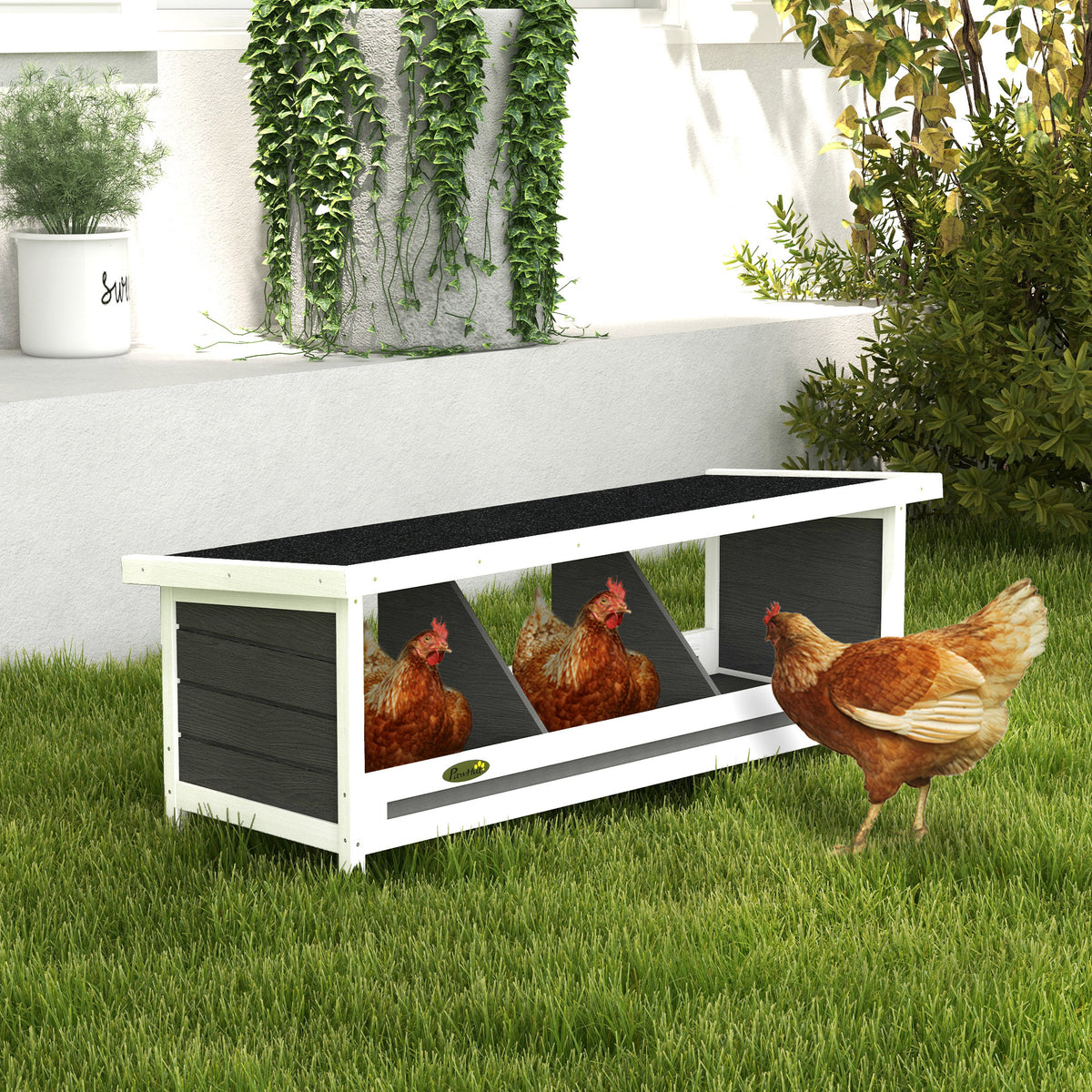 Ninho para Galinhas com 3 Compartimentos com Base Elevada e Telhado em Madeira e Betume 95x37x34 cm Cinza — imagem 5