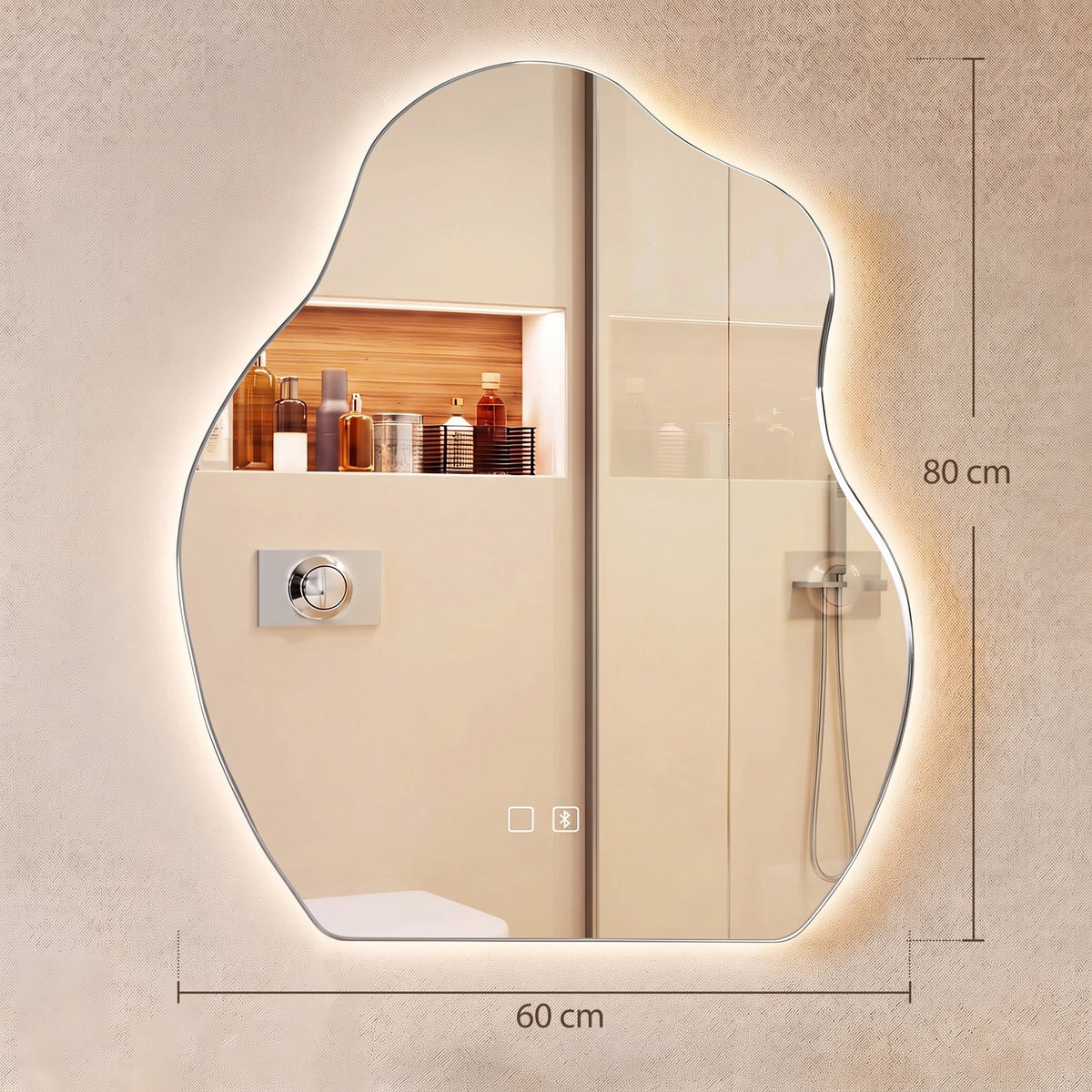 Espelho de Banheiro com Luzes LED 3 Cores, Irregular, 80x60cm, Bluetooth, Antiembaçamento, Interruptor Touch — foto 2