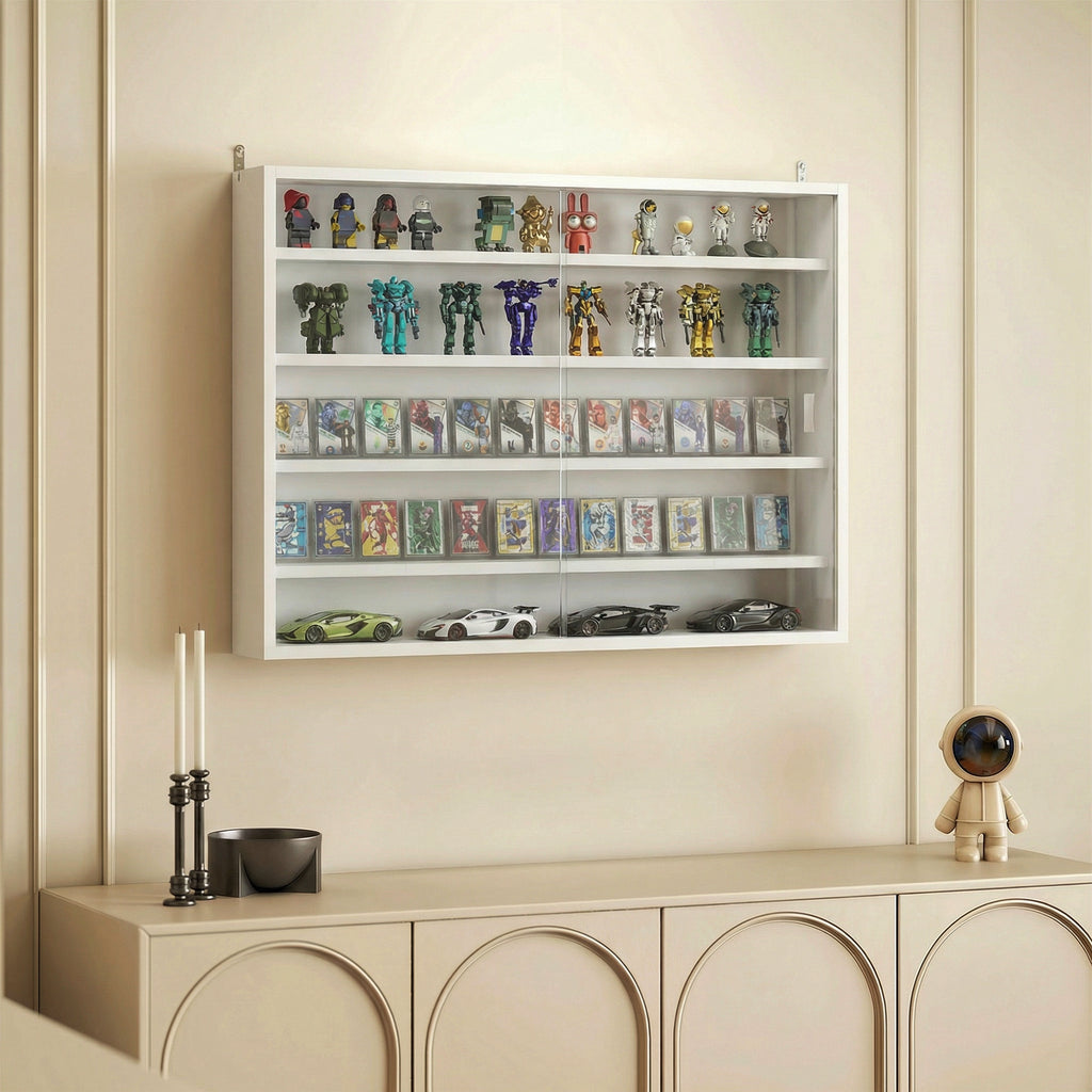 Vitrine de Parede de Madeira com Prateleiras Ajustáveis e 2 Portas Corredeiras de Vidro para Coleções Perfumes Bonecos de Decoração 80x9,5x60 cm Branco — foto 2