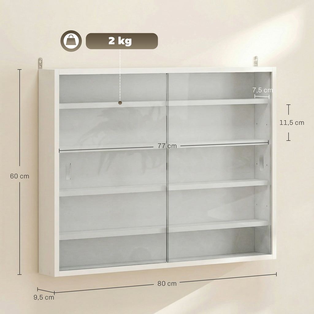 Vitrine de Parede de Madeira com Prateleiras Ajustáveis e 2 Portas Corredeiras de Vidro para Coleções Perfumes Bonecos de Decoração 80x9,5x60 cm Branco — foto 3