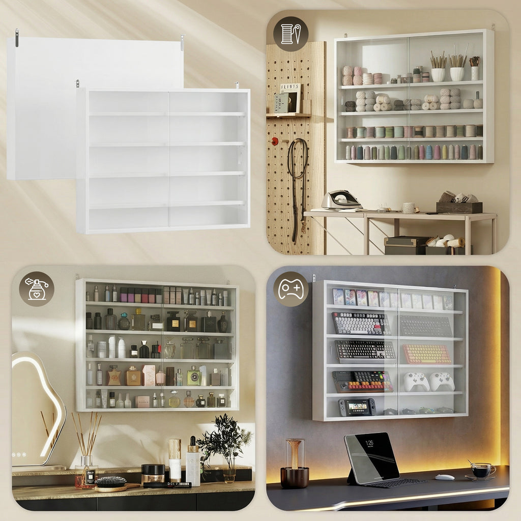 Vitrine de Parede de Madeira com Prateleiras Ajustáveis e 2 Portas Corredeiras de Vidro para Coleções Perfumes Bonecos de Decoração 80x9,5x60 cm Branco — foto 7