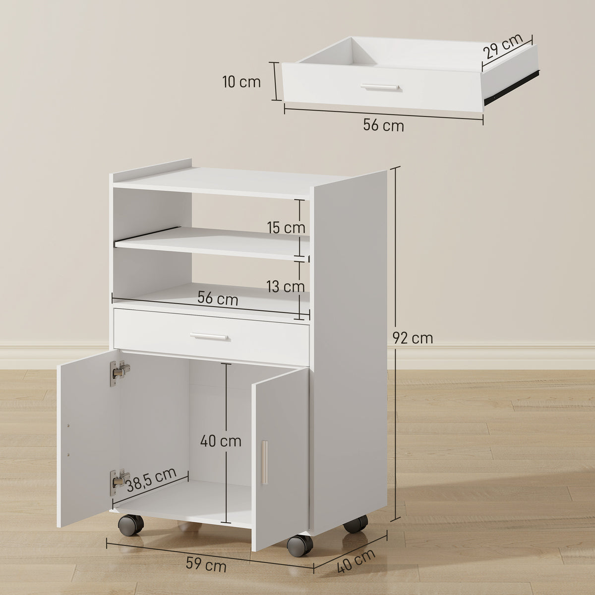 Armário para Micro-ondas Prateleira Armário de Duas Portas Gaveta Rodízios Branco — foto 2