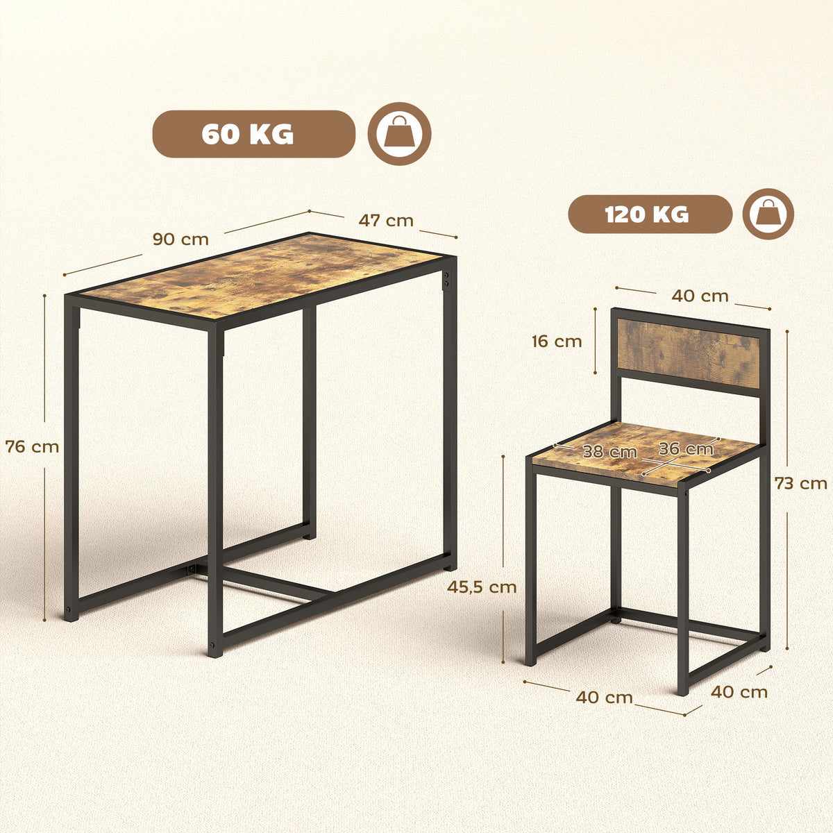 Conjunto de mesa e cadeiras , conjunto de jantar 3 peças com 2 cadeiras encaixáveis, para cozinha sala casa, castanho — foto 2