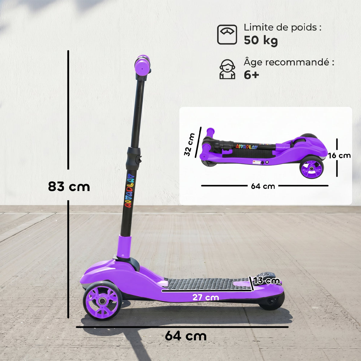 Trotinete Elétrica para Crianças 6+ Anos Dobrável 3 Rodas Partida Zero Velocidade Máxima 8 km/h 64x29x83 cm Roxo — foto 2