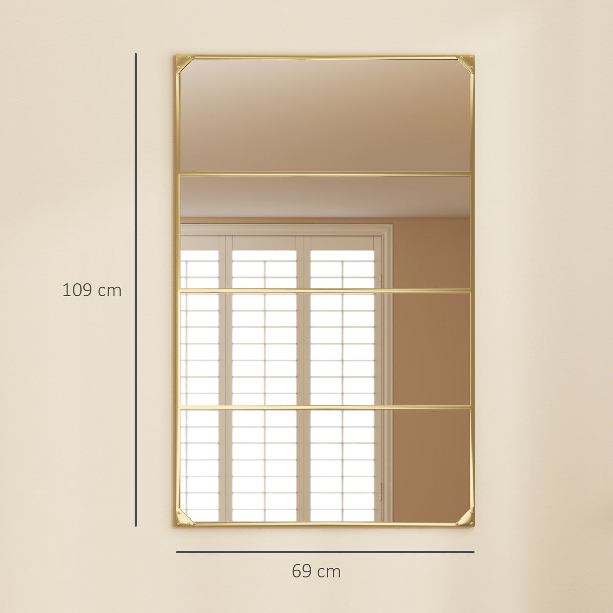 Espelho de parede retangular estilo verrière, estilo industrial, horizontal ou vertical com 4 ganchos, em metal dourado 109 x 69 cm — foto 2