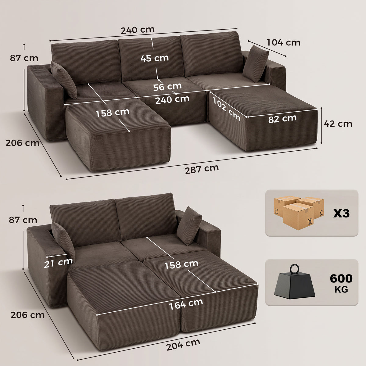 Sofá modular em U 287 cm, sem estrutura, assento largo e profundo em veludo cotelê, espuma de alta densidade, sem montagem, Caqui — foto 2
