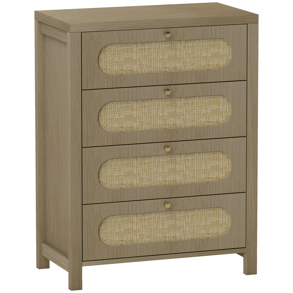 Cômoda 4 gavetas móvel de armazenamento estilo boémio com portas em resina trançada, 70 x 38 x 93 cm, efeito madeira natural — foto 1