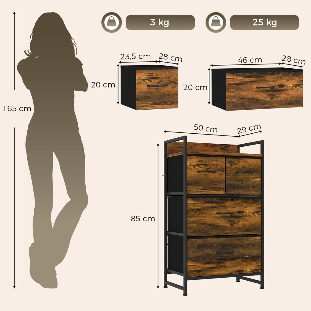 Cómoda com 4 Gavetas em Tecido para Quarto, com Prateleira Superior e Estrutura Metálica, Castanho Rústico — foto 2