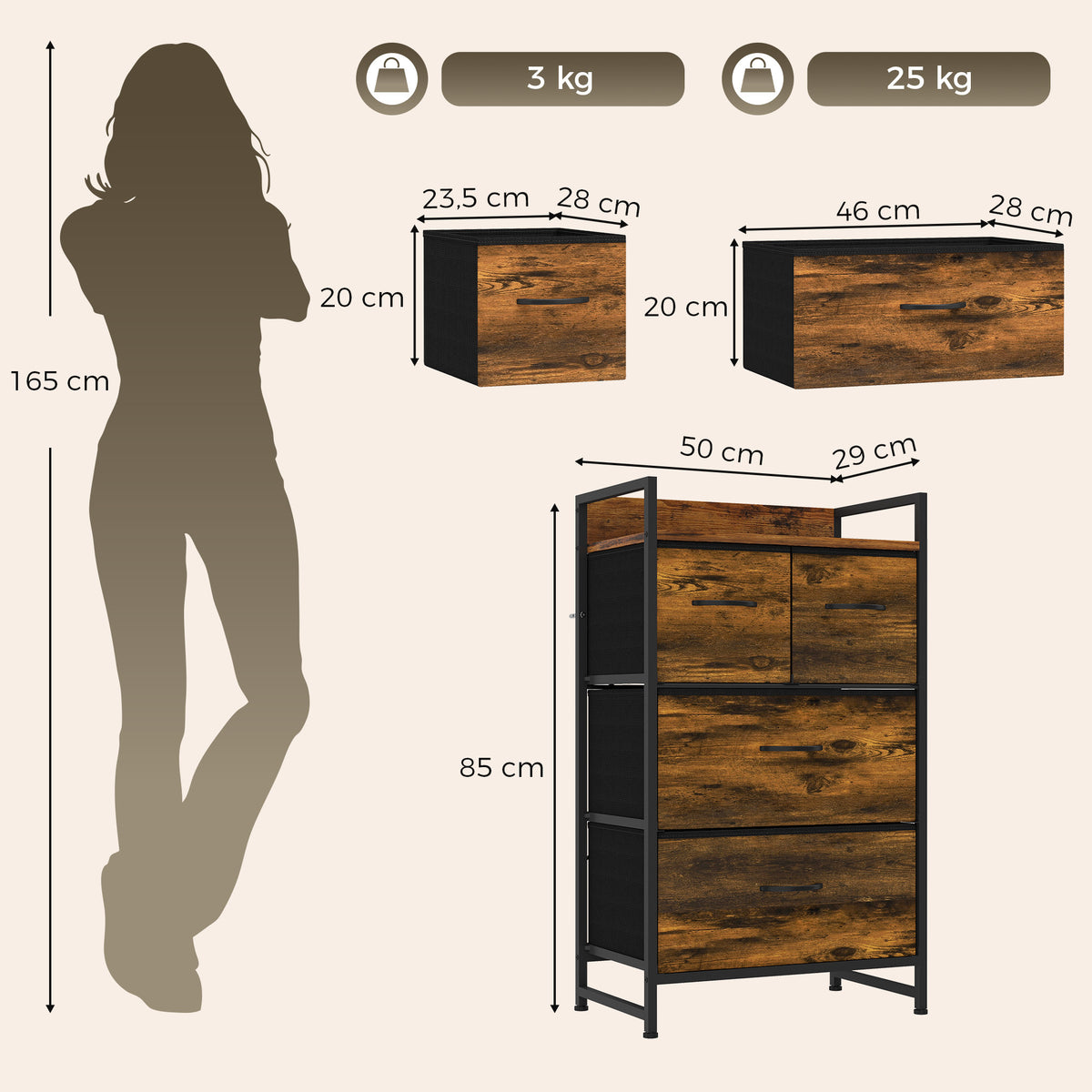 Cómoda com 4 Gavetas em Tecido para Quarto, com Prateleira Superior e Estrutura Metálica, Castanho Rústico — foto 2