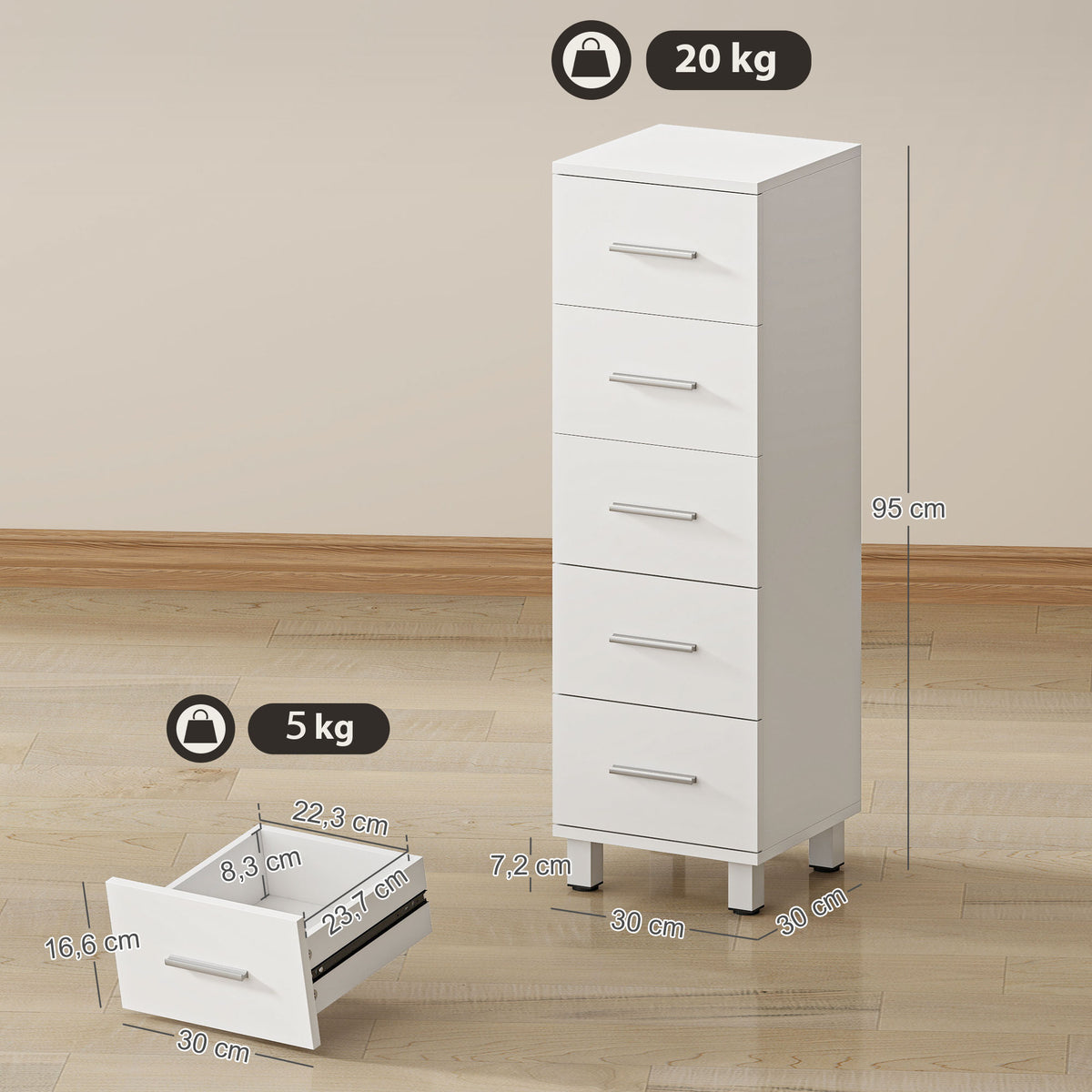 Cômoda de 5 Gavetas para Quarto e Sala em Madeira FSC 30x30x95 cm Branco — foto 2