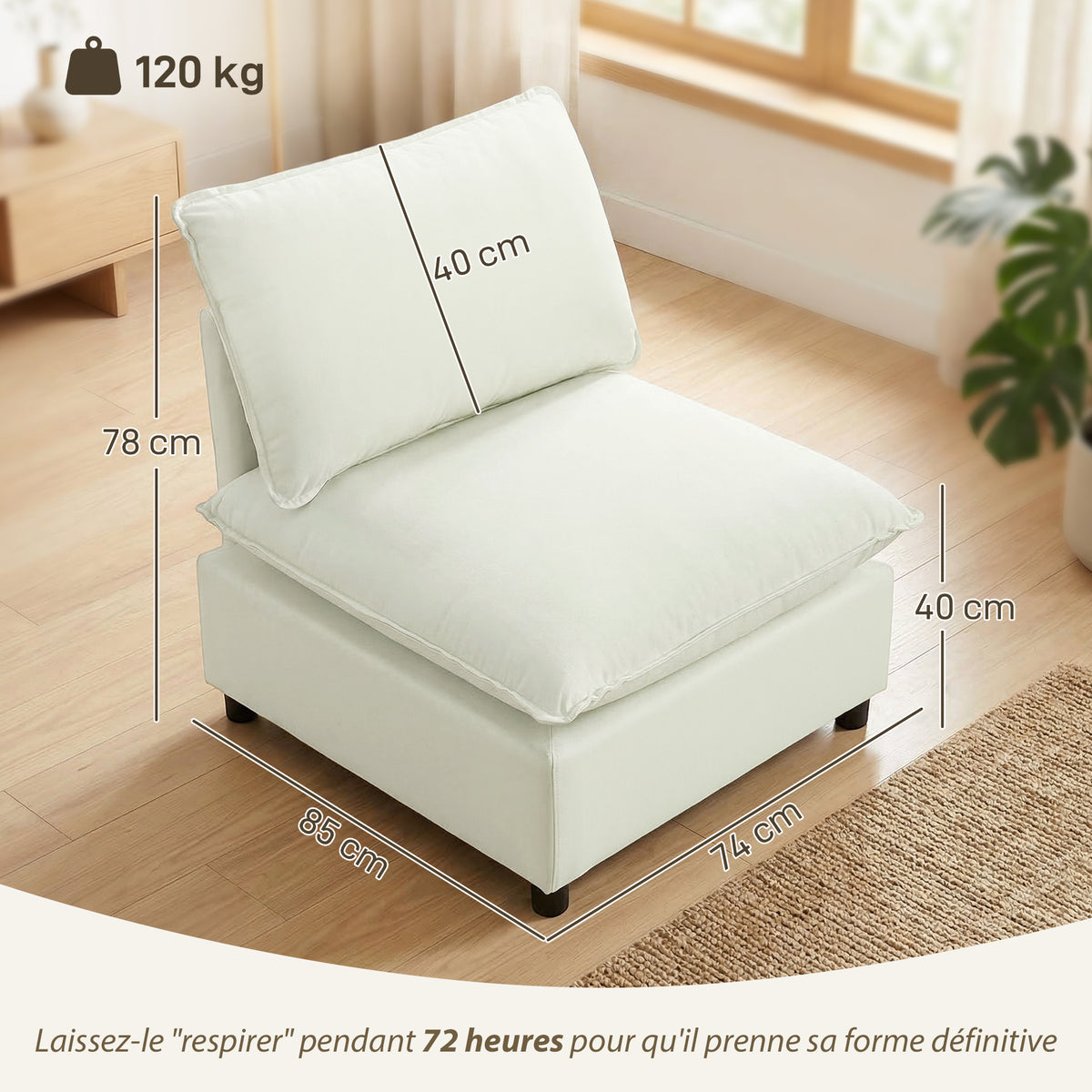 Poltrona de Sala sofá 1 Lugar Moderno sem Apoios de Braço com Assento Largo Almofadas Espessas 146x85x78 cm Creme — foto 2