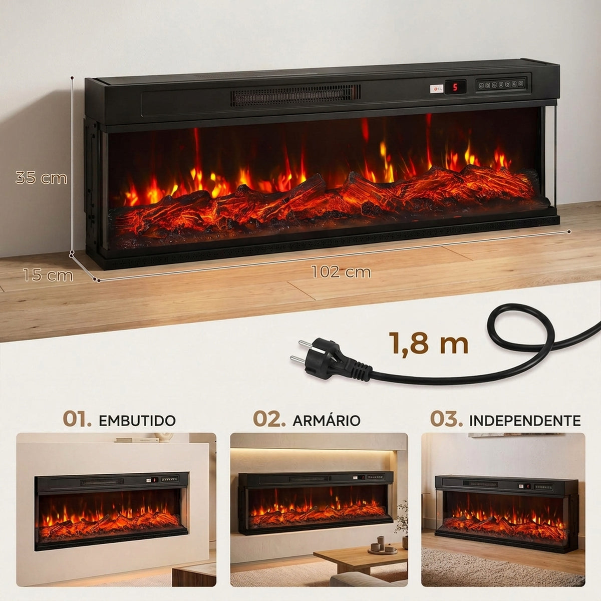 Lareira Elétrica de Encastrar ou Independente 750/1500W, 3 Lados, 12 Cores de Chama 3D, Termóstato, Telecomando, Preta — foto 2