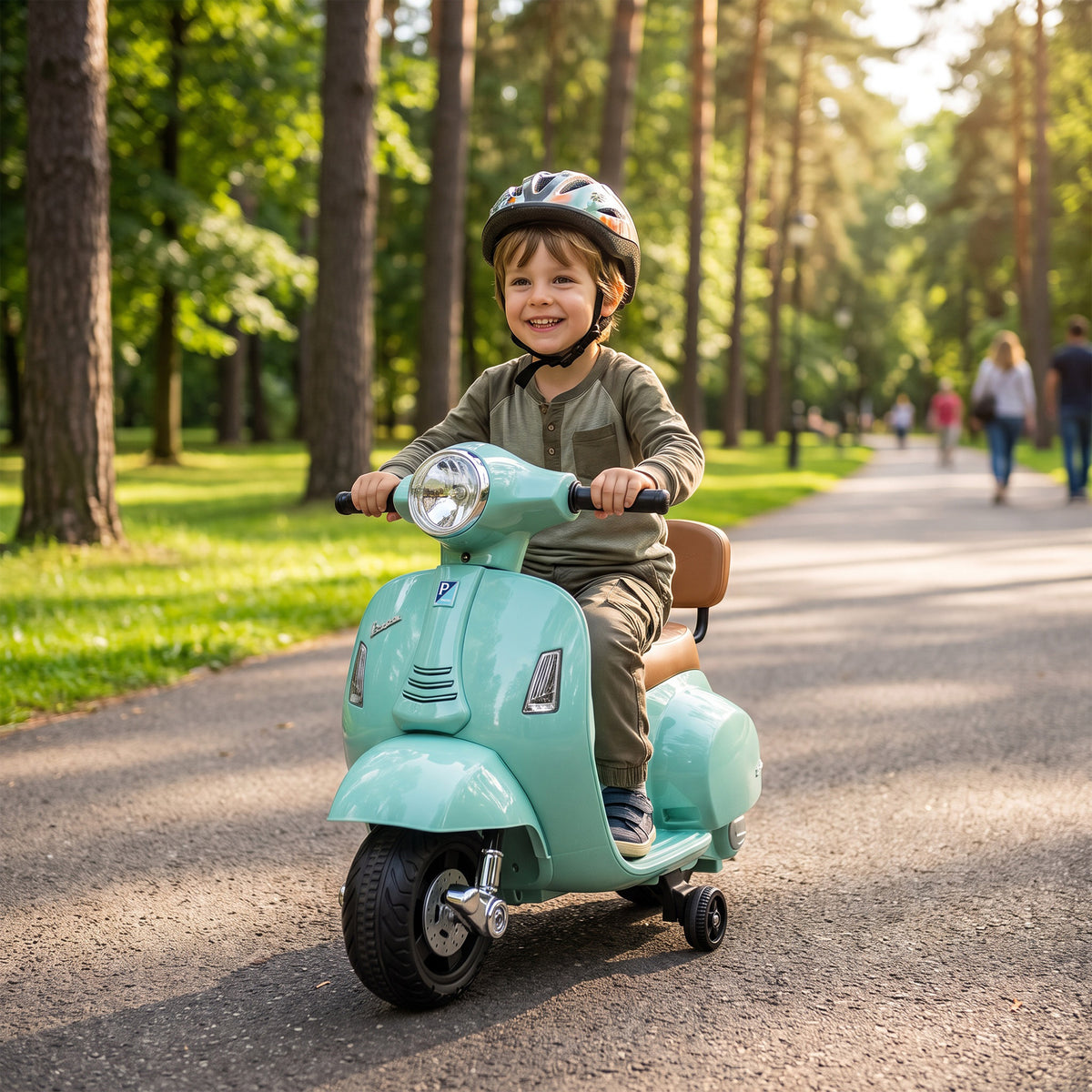 Mota Elétrica Infantil Mini Vespa GTS com 2 Rodas Auxiliares, Bateria de Lítio, Farol, Buzina e Encosto, Verde — imagem 3