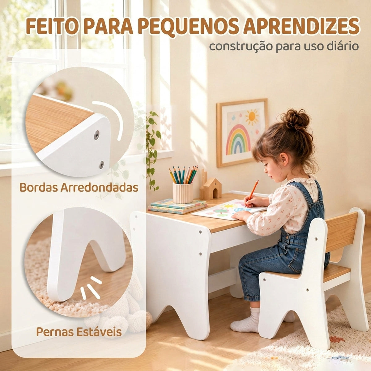 Mesa e Cadeira Infantil para Desenhar e Ler com Gaveta Branco e Madeira — imagem 4