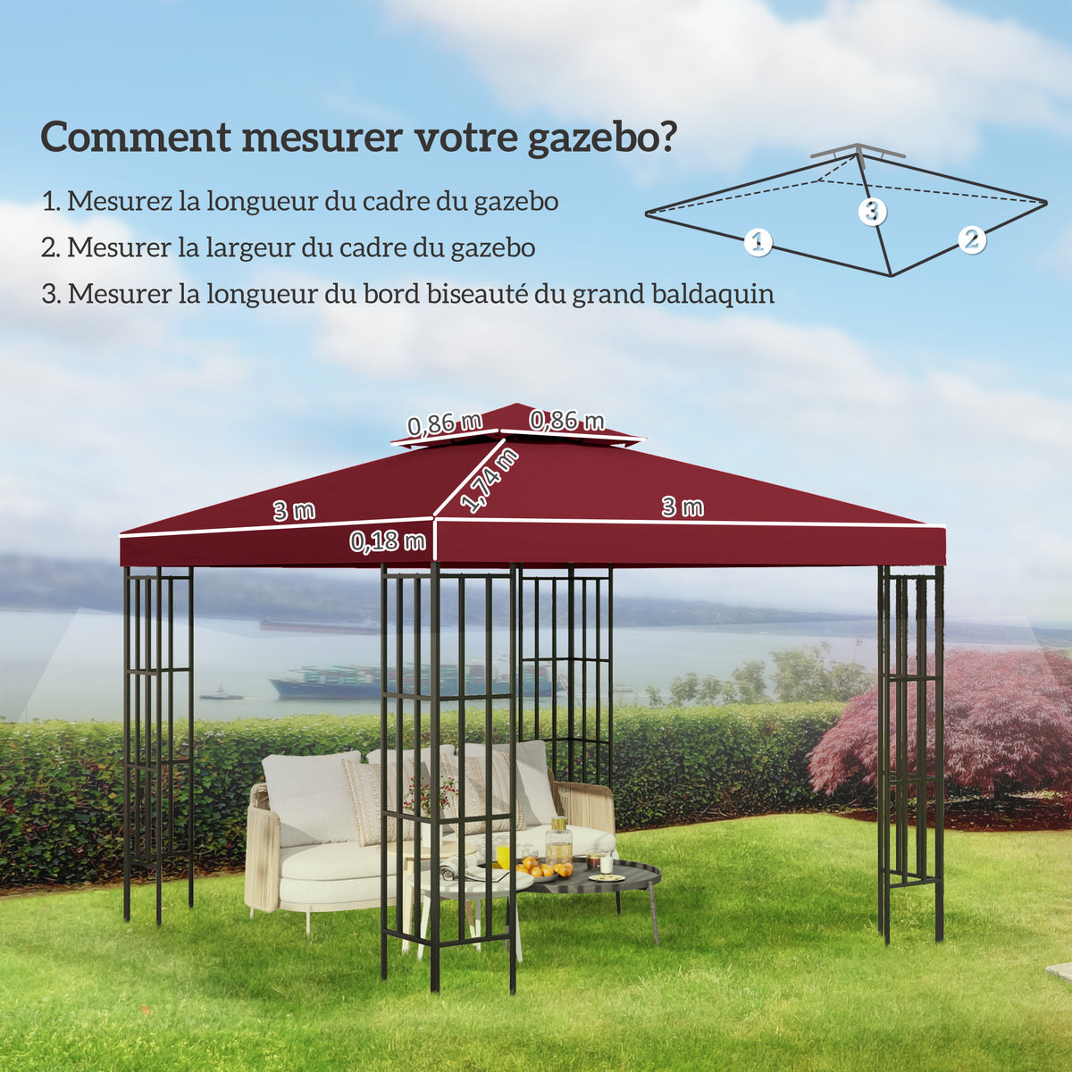 Teto de Reposição para Pavilhão de Jardim Lona de Reposição para pavilhão tenda 3 x 3 m Vermelho vinho — foto 2