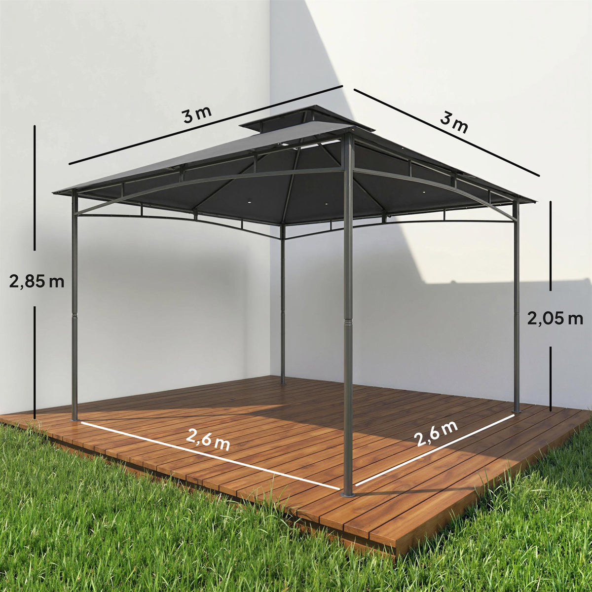 Pérgola 3x3 m Impermeável Estável Resistente ao Inverno Pérgola de Jardim com Estrutura Superior Retrátil Teto Duplo Cinza Escuro — foto 2