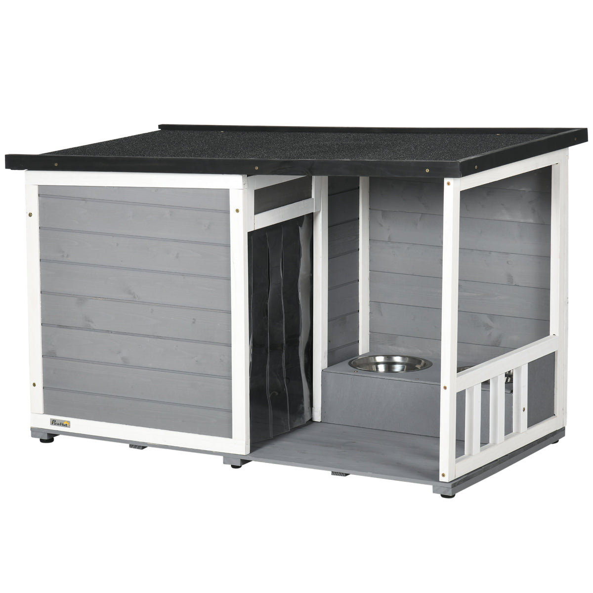 Casota em madeira maciça, com 2 tigelas, varanda, resistente às intempéries, 103 cm x 62 cm x 66 cm, Cinza + Branco — foto 1